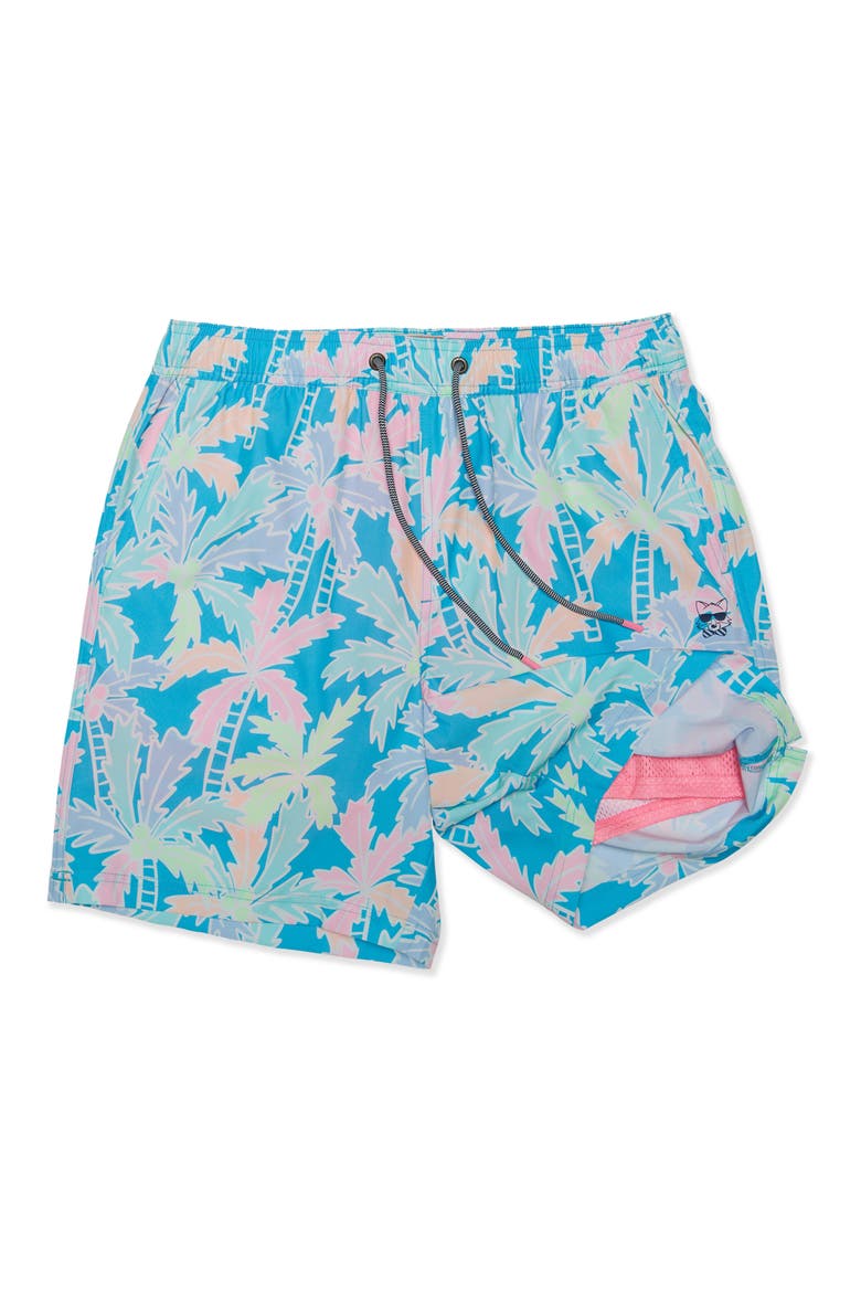 Busy Palms Happy Hour Swim Trunks, Alternate, color, CYAN