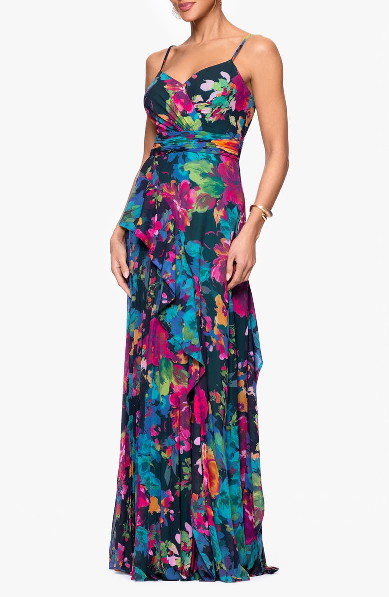 Xscape Evenings Printed Pleated Chiffon Maxi Cocktail Dress, Alternate, color, Navy/ Multi