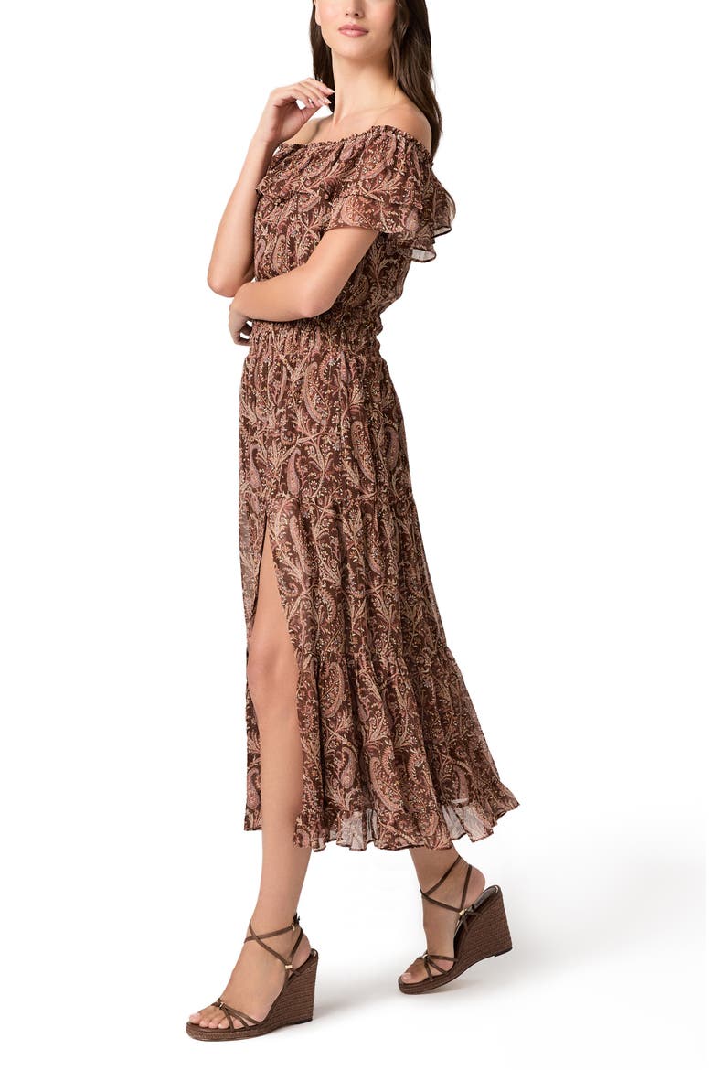 Alistar Print Ruffle Off the Shoulder Silk Midi Dress, Alternate, color, OAK MULTI