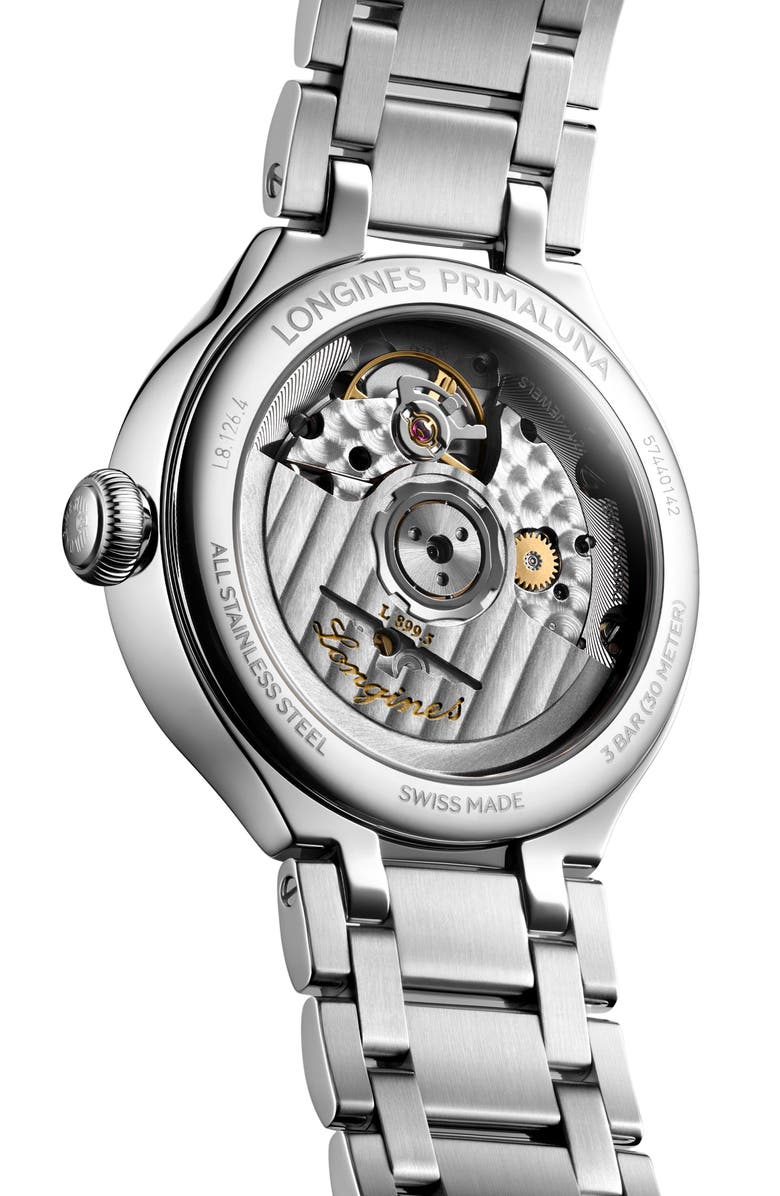 Longines PrimaLuna Moonphase Mother-of-Pearl Bracelet Watch, 34mm, Alternate, color, White Mother-Of-Pearl