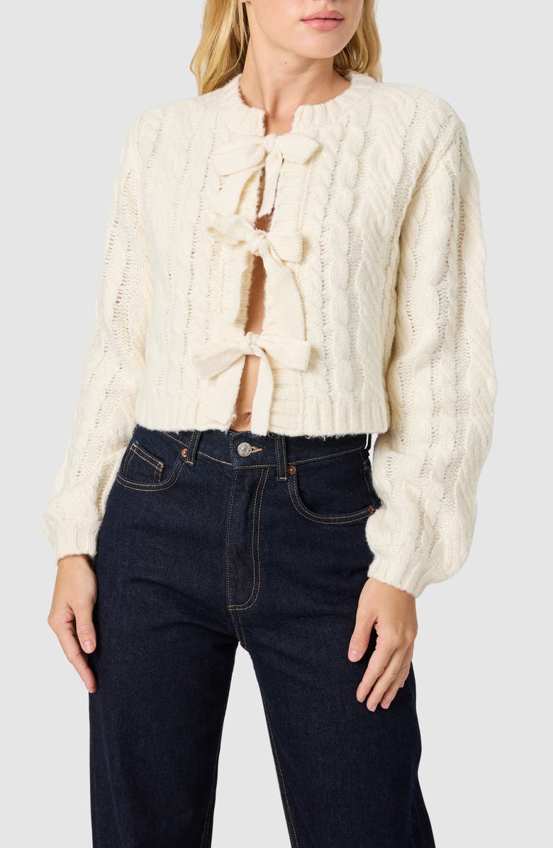 Lush Cable Knit Front Tie Cardigan, Main, color, Cream