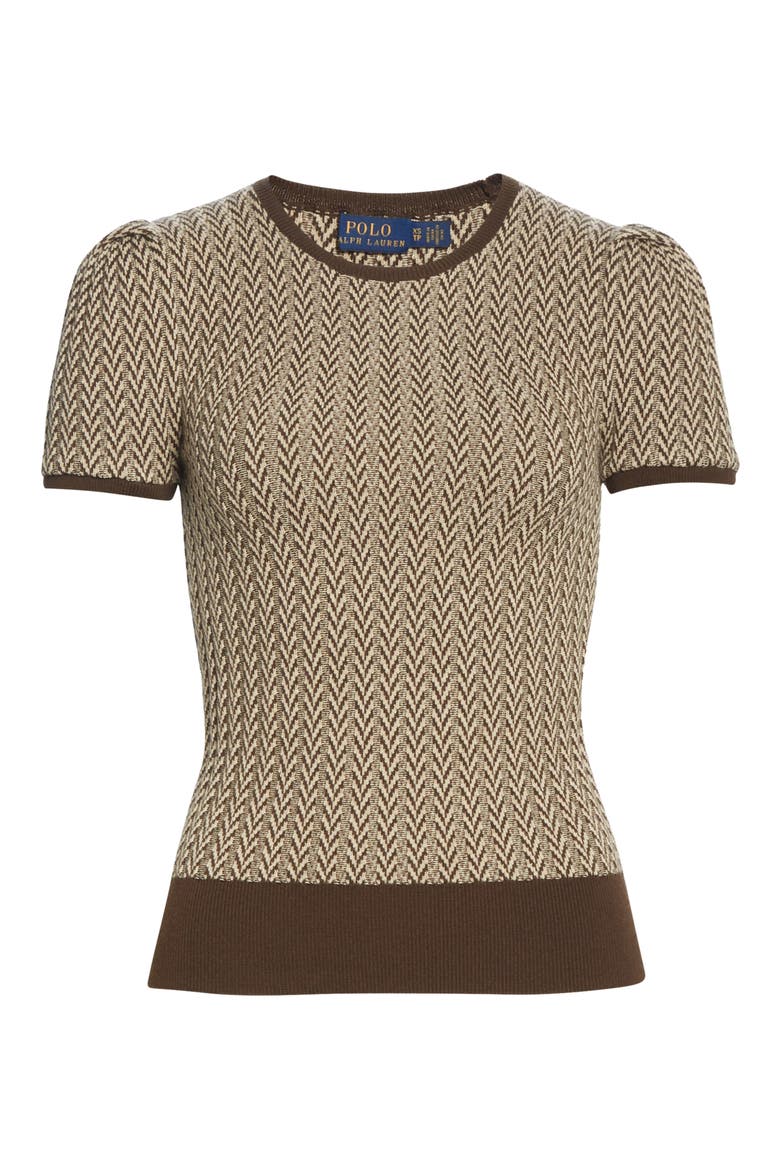 Herringbone Puff Sleeve Merino Wool Sweater, Alternate, color, BROWN/ CREAM