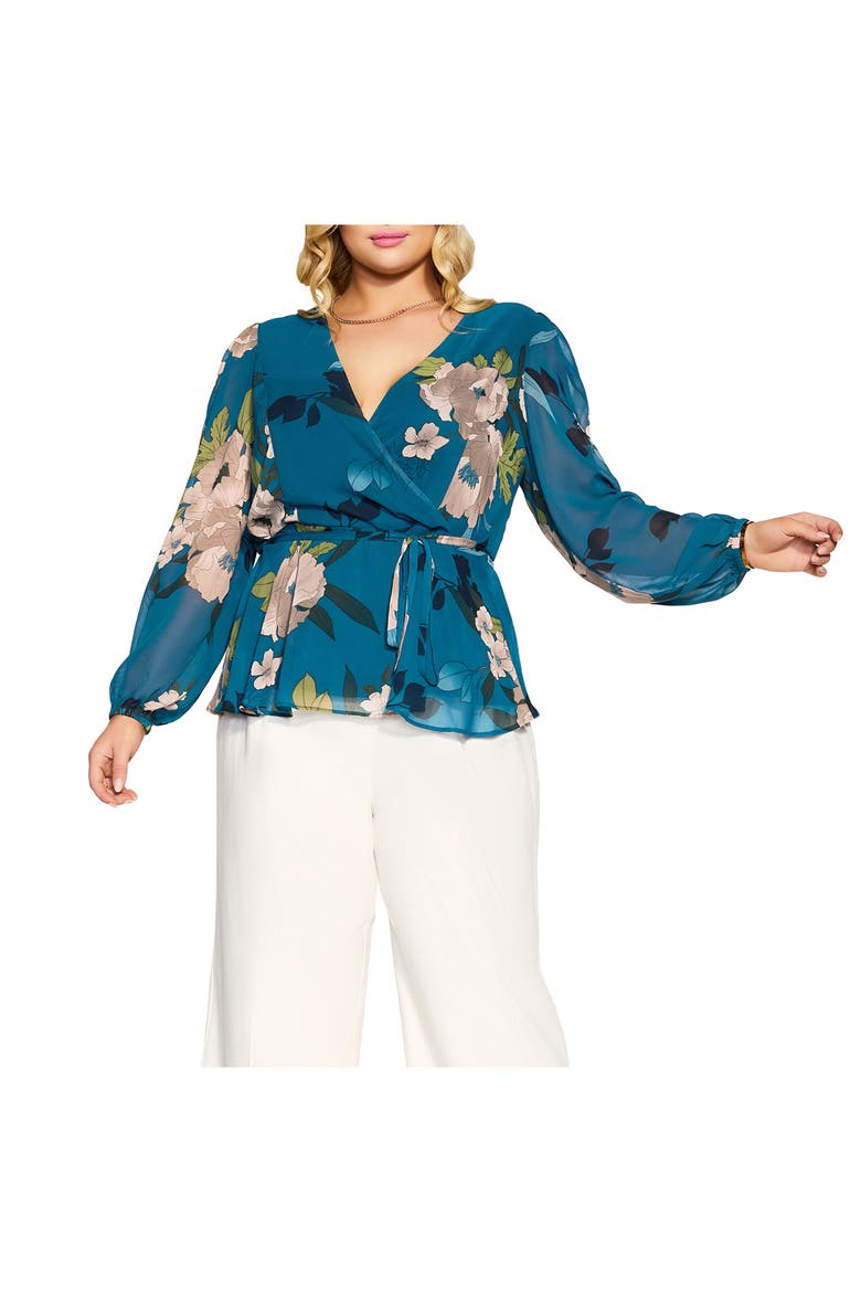 Maya Faux Wrap Blouse, Main, color, TEAL BOLD BLOOM