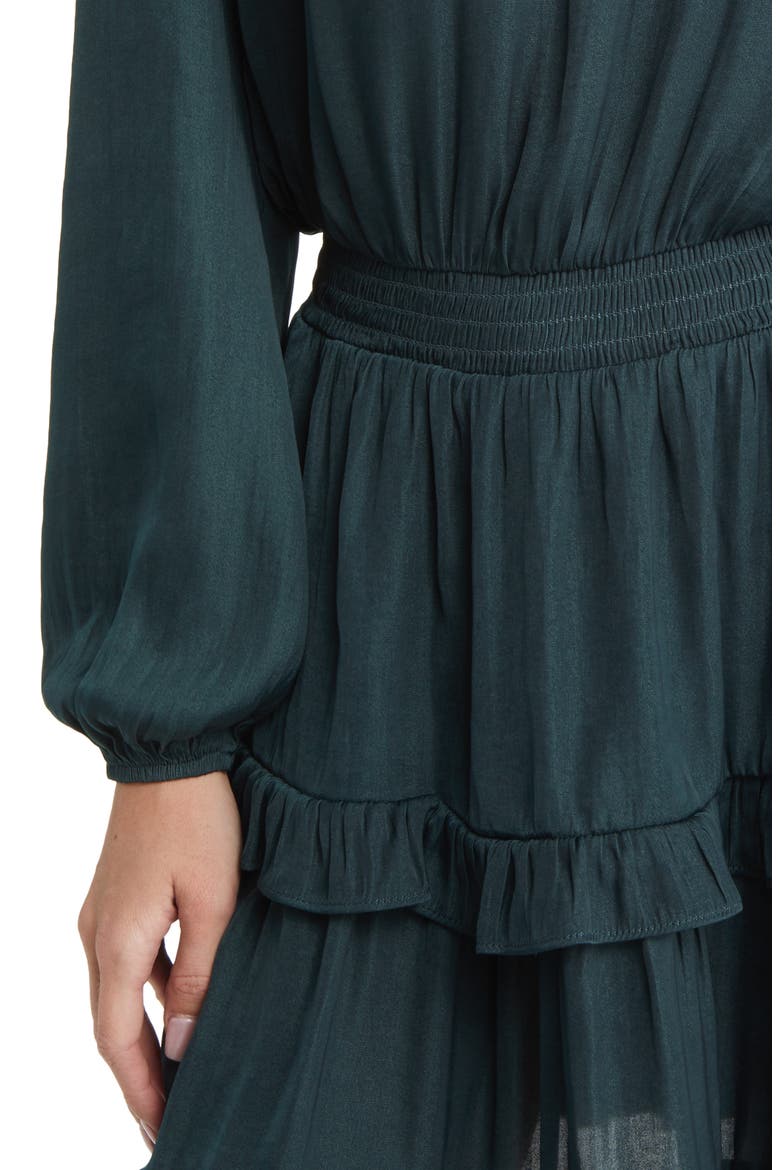 Smocked Tiered Long Sleeve Satin Dress, Alternate, color, SHADED SPRUCE