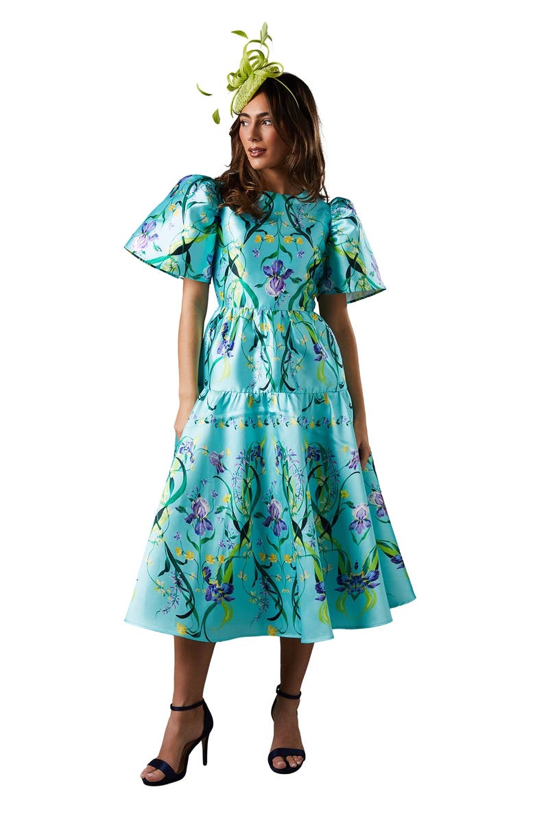 Coast Twill Puff Sleeve Printed Midi Dress, Main, color, Green