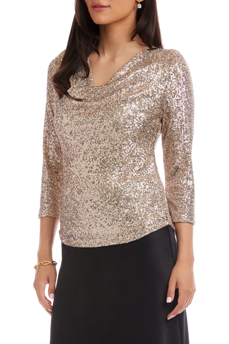 Sequin Drape Neck Top, Alternate, color, CHAMPAGNE