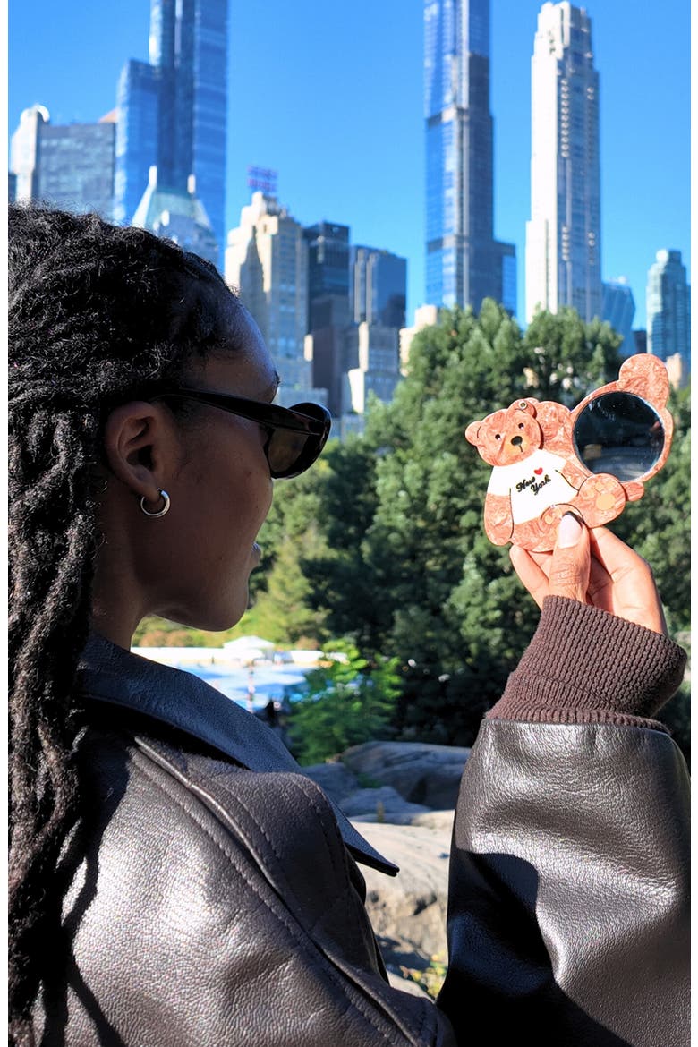 Hand Painted New York Teddy Bear Compact Mirror, Alternate, color, BROWN