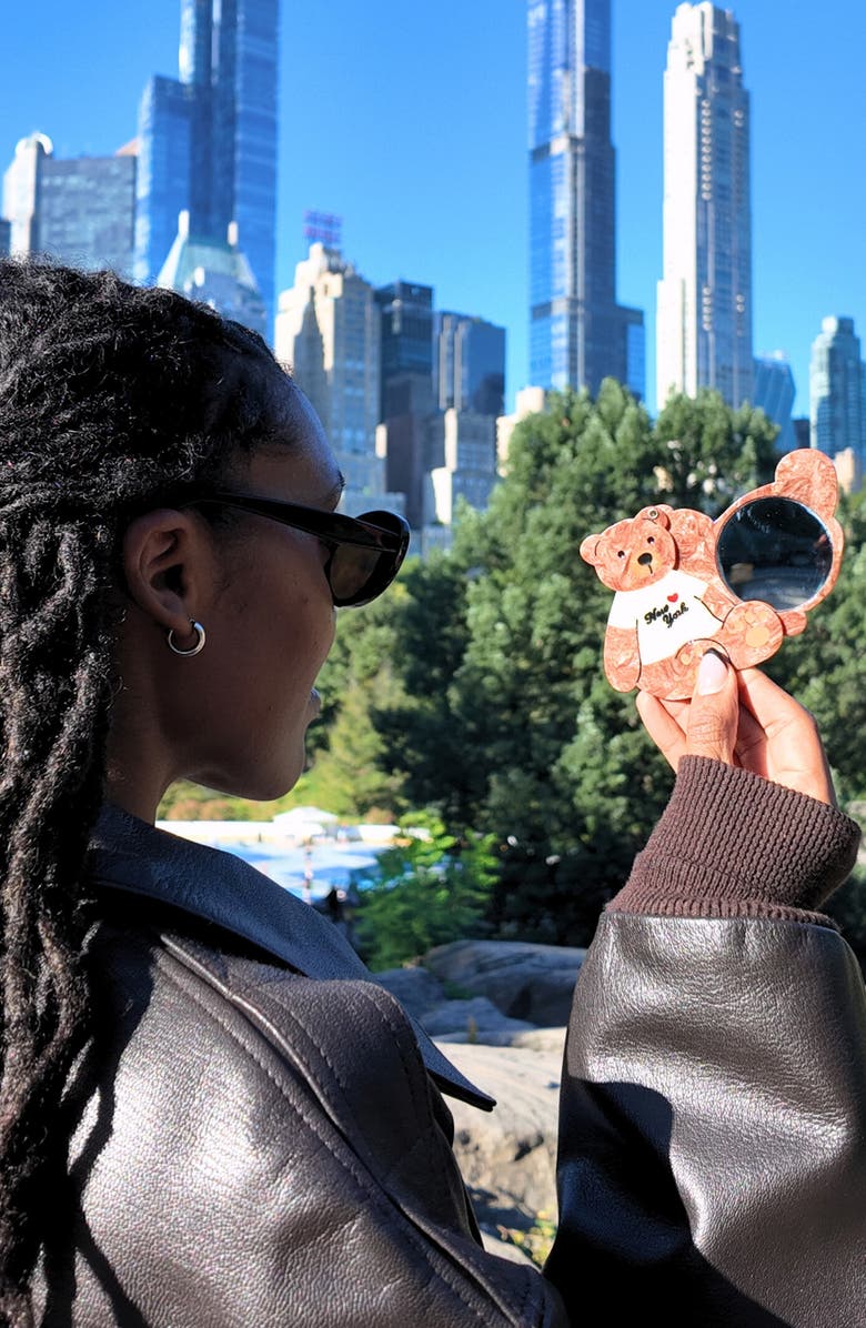 Solar Eclipse Hand Painted New York Teddy Bear Compact Mirror, Alternate, color, Brown