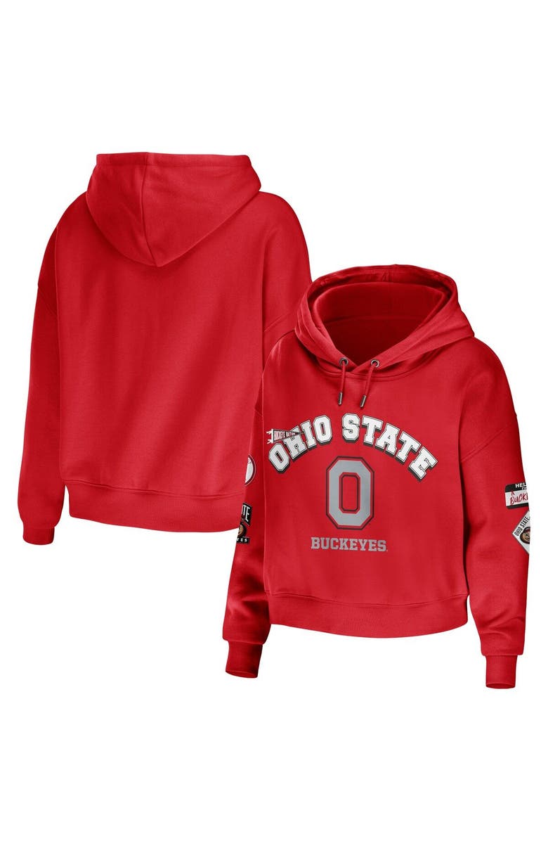WEAR by Erin Andrews Women's WEAR by Erin Andrews Scarlet Ohio State Buckeyes Mixed Media Cropped Pullover Hoodie, Main, color, 