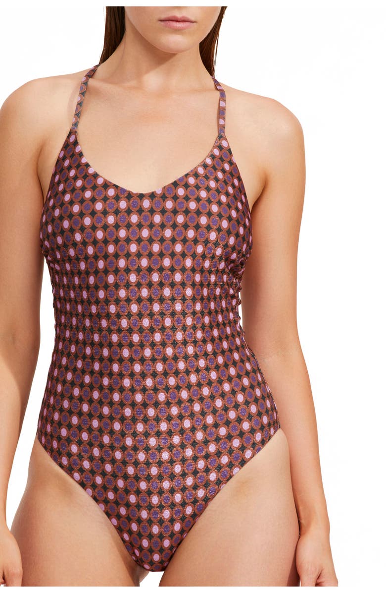 Luma Gottex Vintage Charm Scoop Neck Halter One Piece, Alternate, color, Purple / Bronze