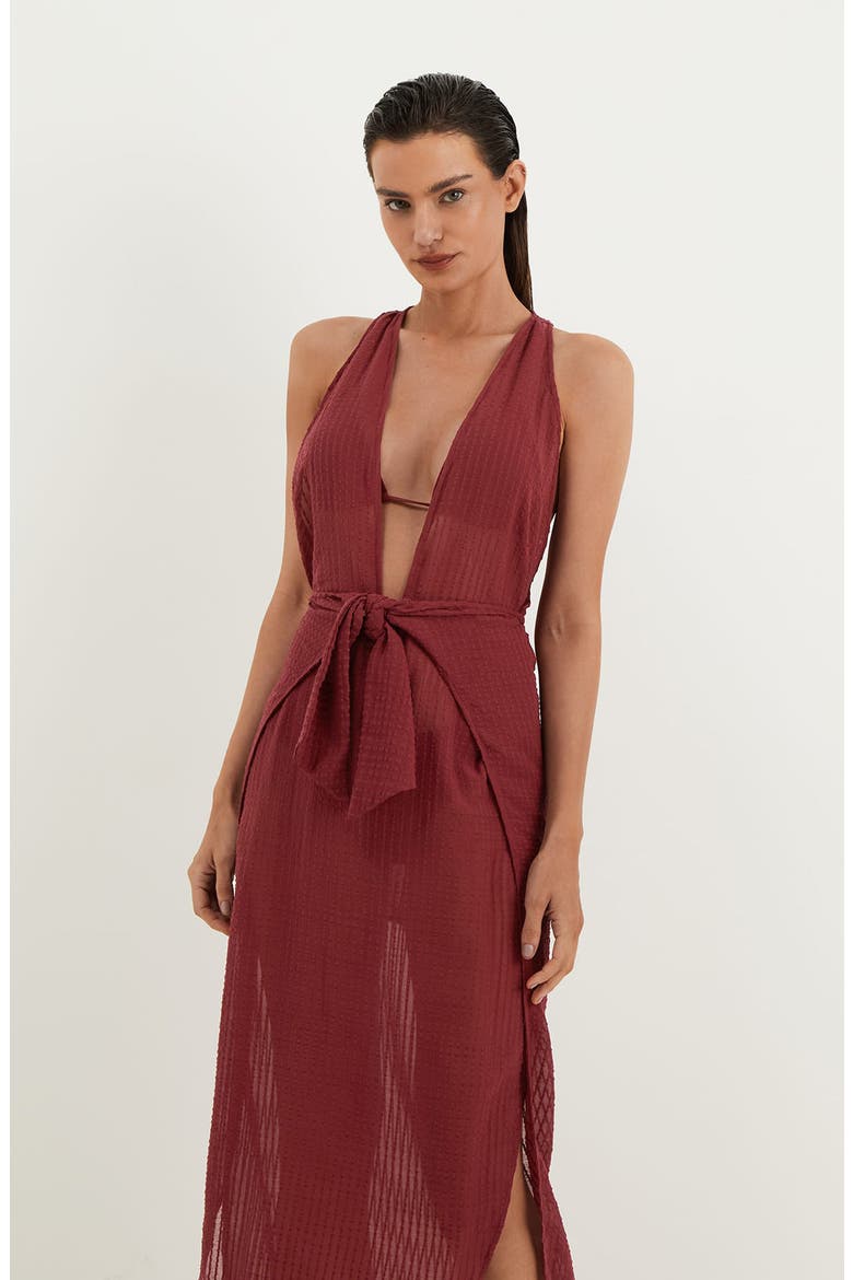 Ida Plunging Tie Waist Cover-Up Maxi Dress, Alternate, color, RED