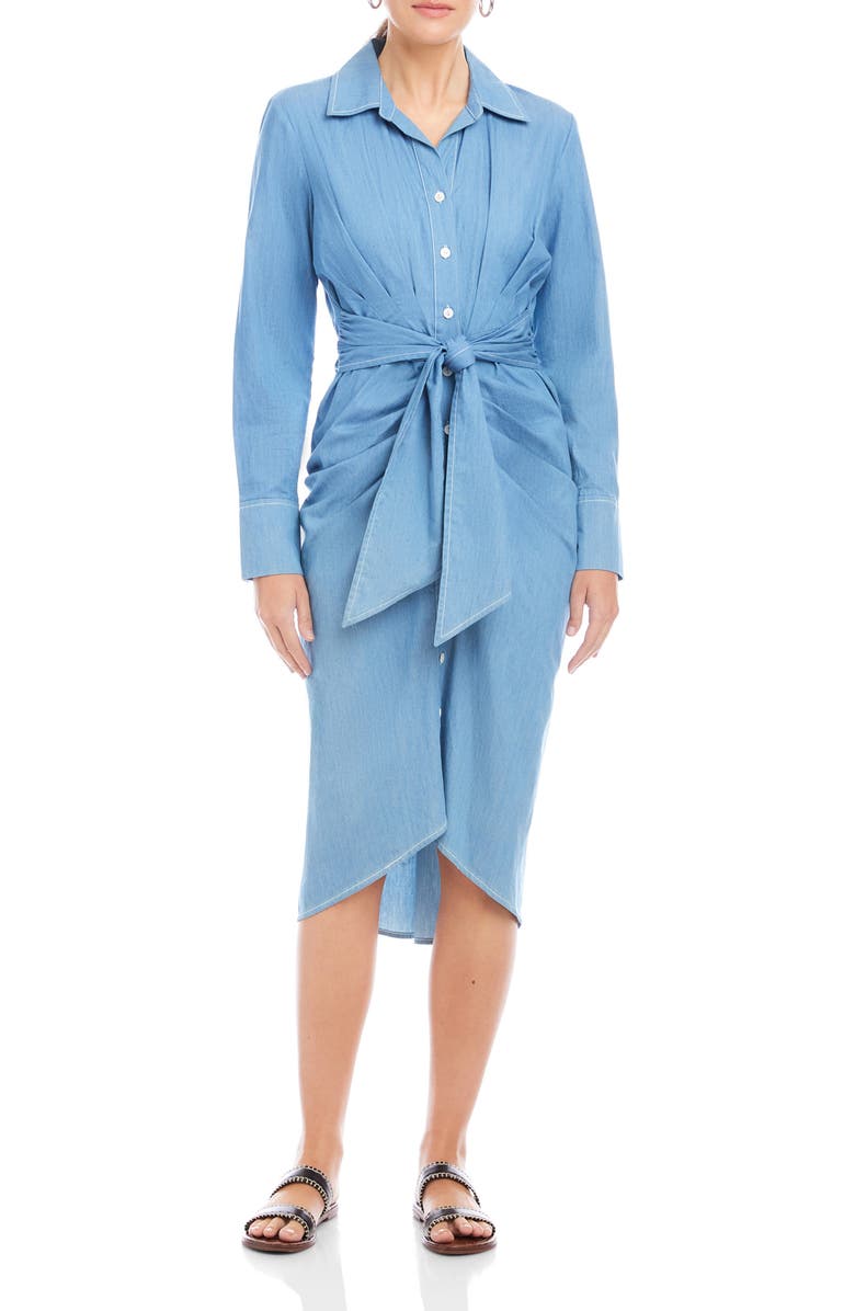FIFTEEN TWENTY Rayleen Pleated Long Sleeve Shirtdress, Main, color, Chambray