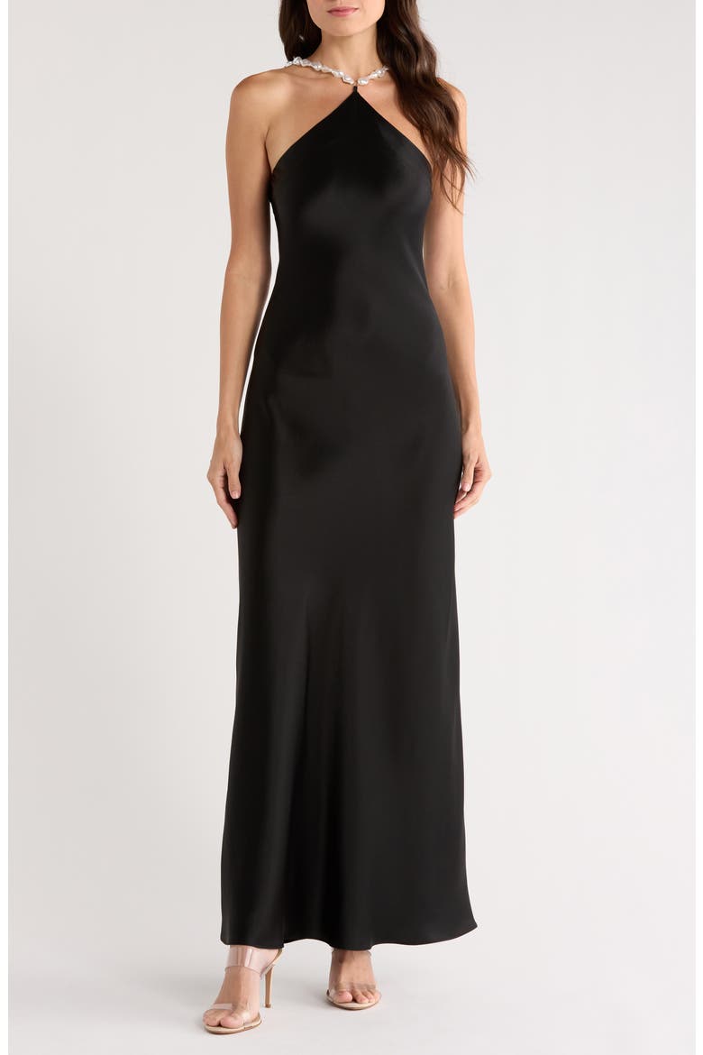 Cadence Sleeveless Satin Maxi Dress, Main, color, BLACK