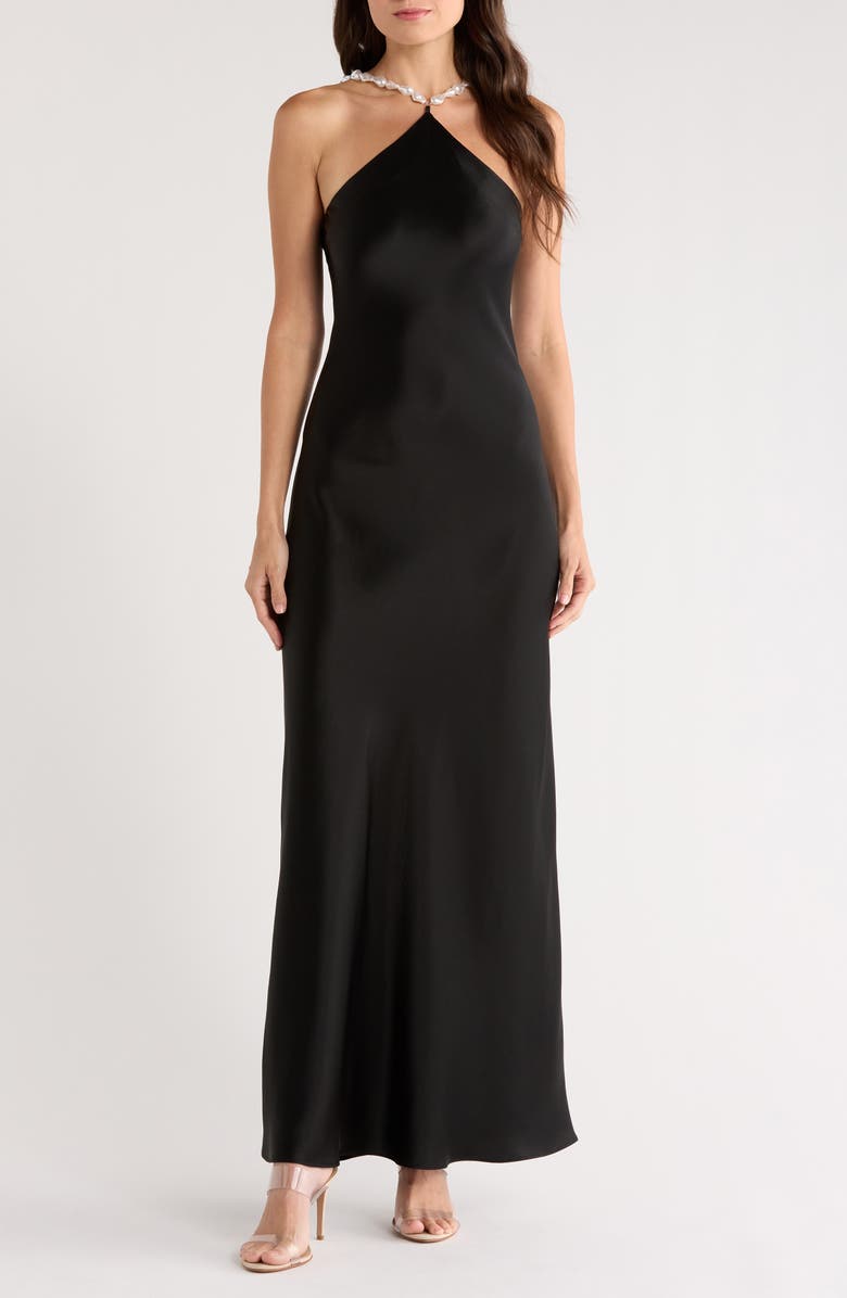 STAUD Cadence Sleeveless Satin Maxi Dress, Main, color, Black
