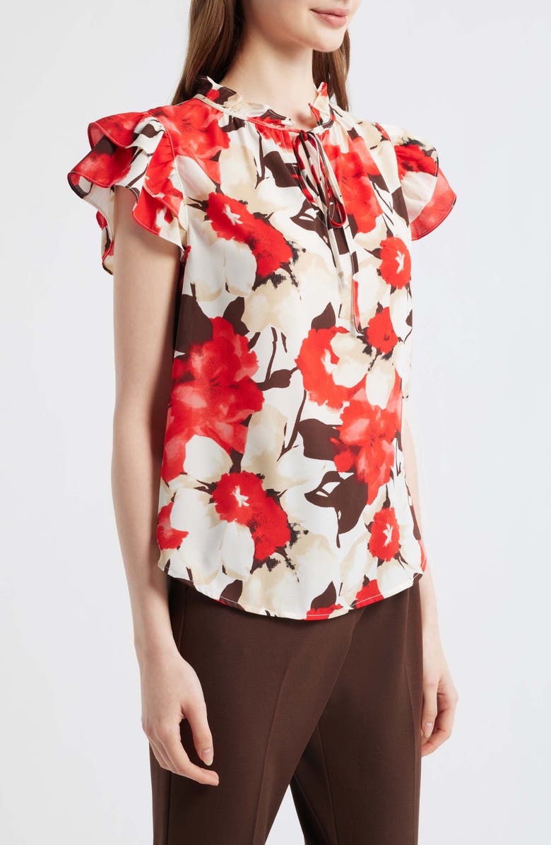 Anne Klein Ruffle Tie Neck Top, Alternate, color, White Dove Multi