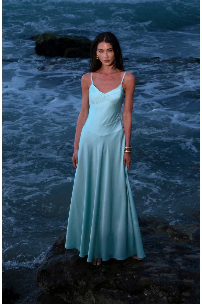 Sleeveless Satin Gown, Alternate, color, AQUA