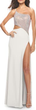 La Femme One Shoulder Dress with Side Cut Out and Rhinestone Bodice