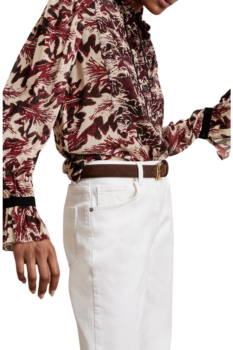 Jules Abstract Ruffle Neck Button-Up Shirt, Alternate, color, BURGUNDY/CREAM