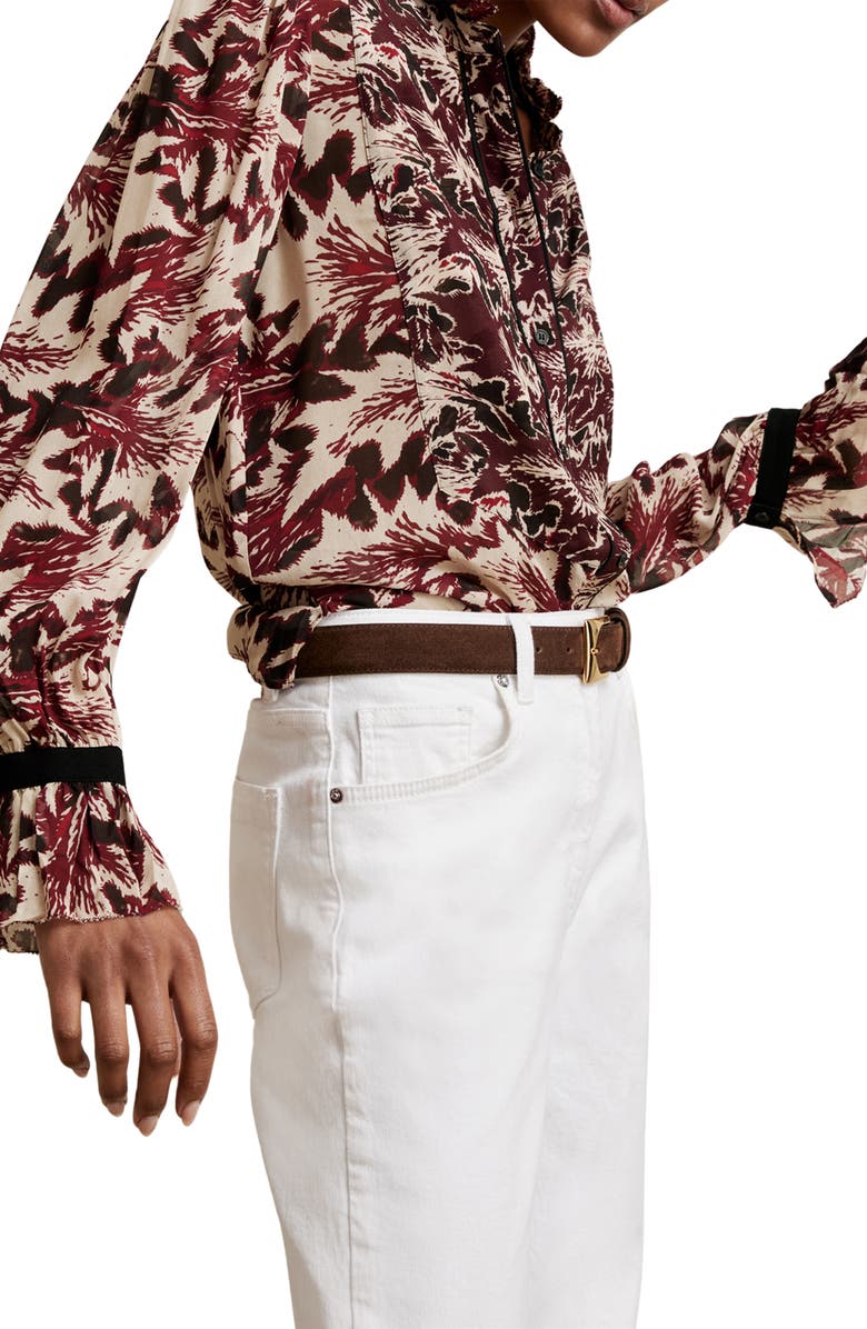 Reiss Jules Abstract Ruffle Neck Button-Up Shirt, Alternate, color, Burgundy/Cream