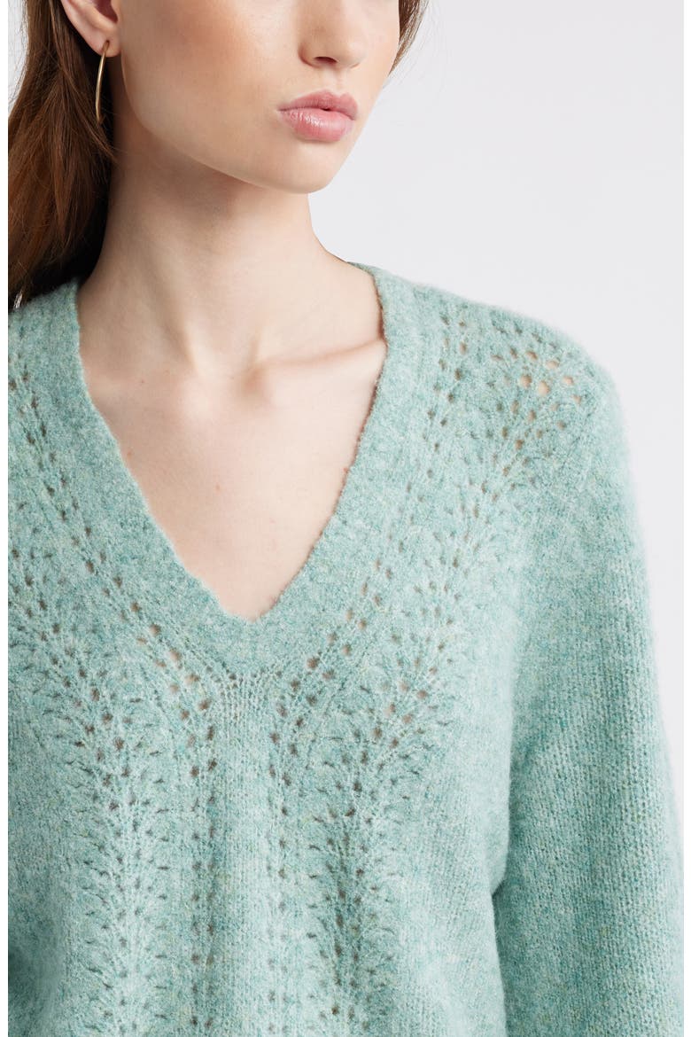 Oversize Pointelle V-Neck Sweater, Alternate, color, GREEN MILIEU