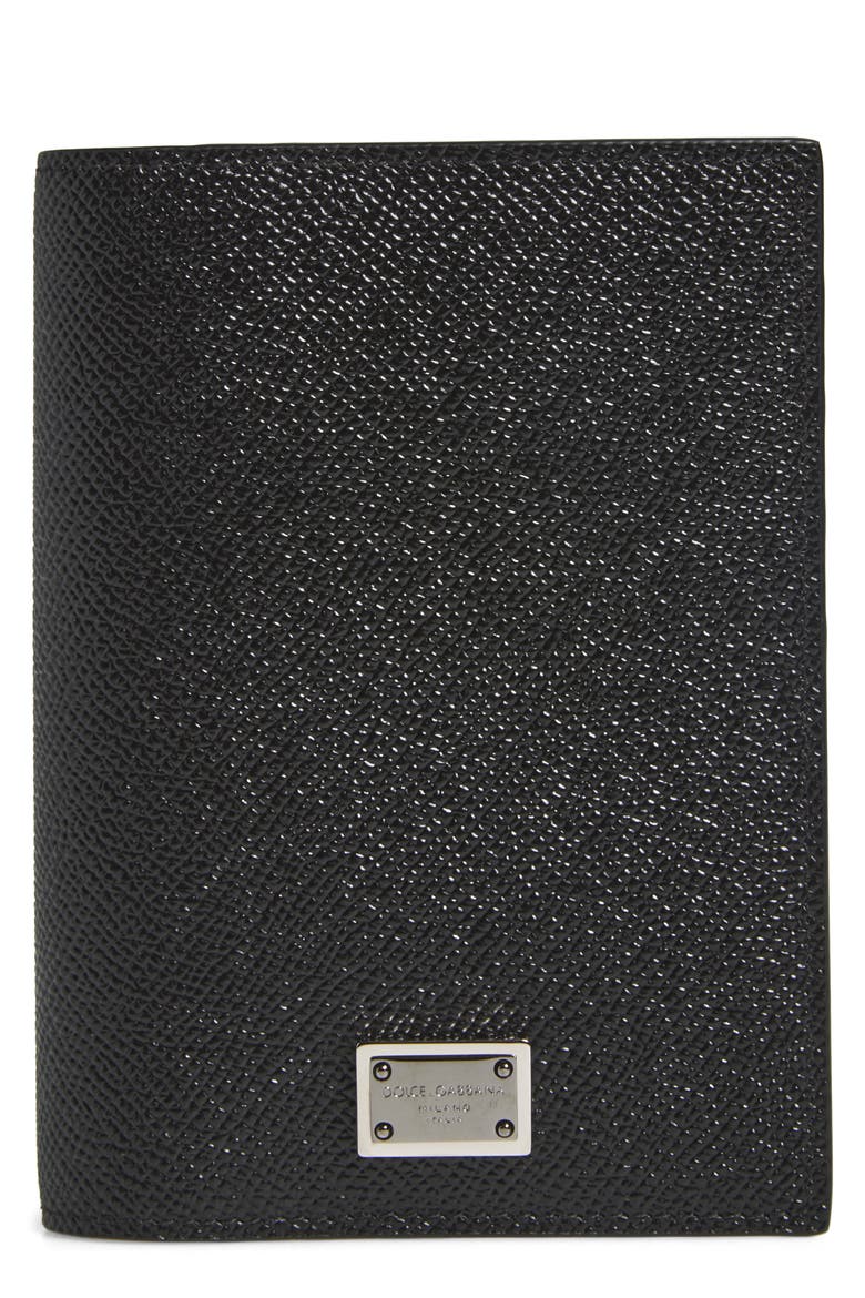Logo Plaque Leather Passport Holder, Main, color, BLACK