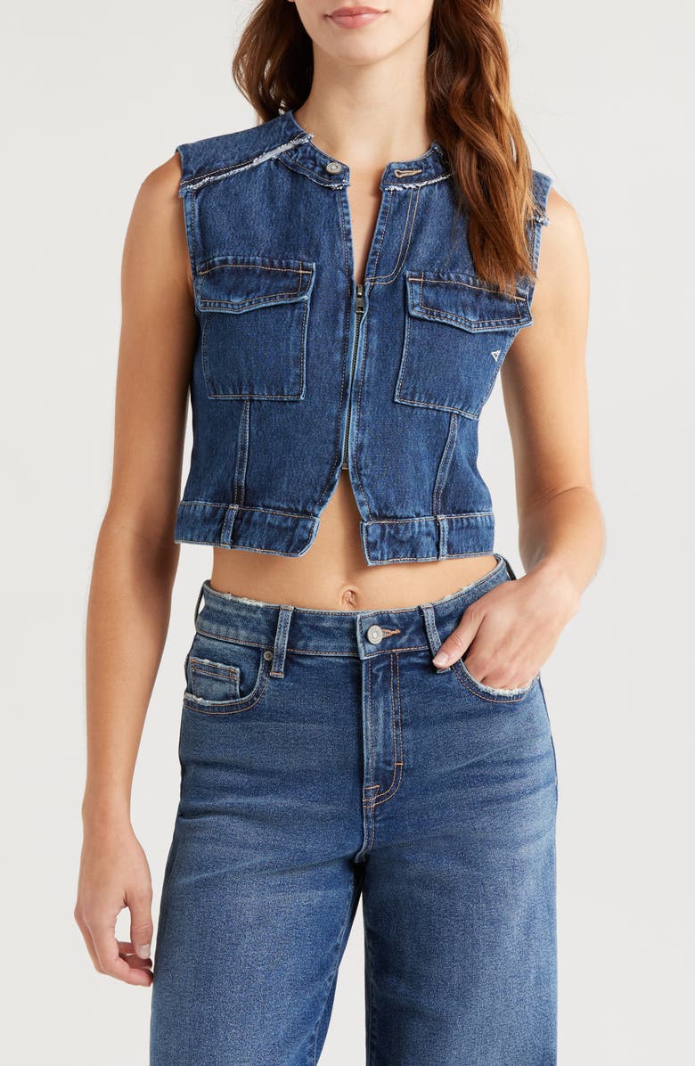 HIDDEN JEANS Zip Front Crop Denim Vest, Main, color, Dark Wash