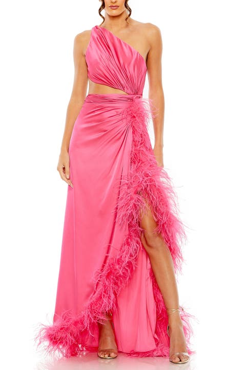 One Shoulder Feather Lined High Slit Gown