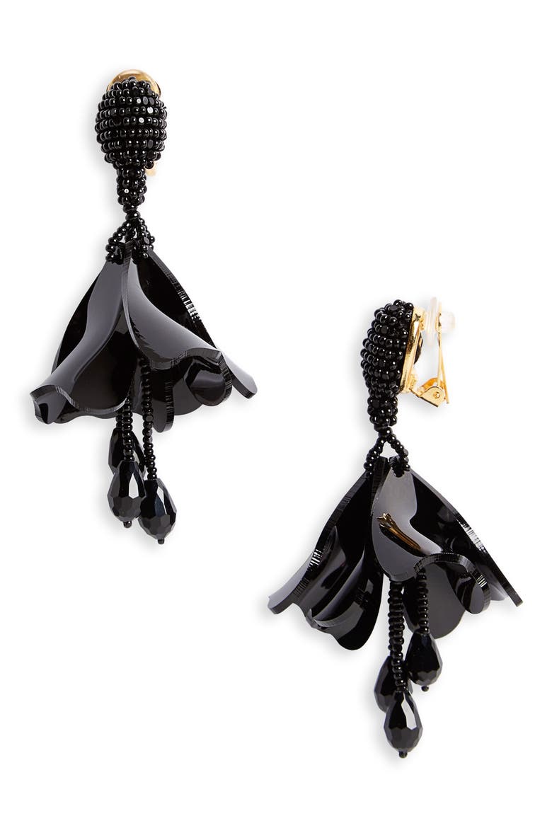 Small Impatiens Flower Drop Clip-On Earrings, Main, color, BLACK