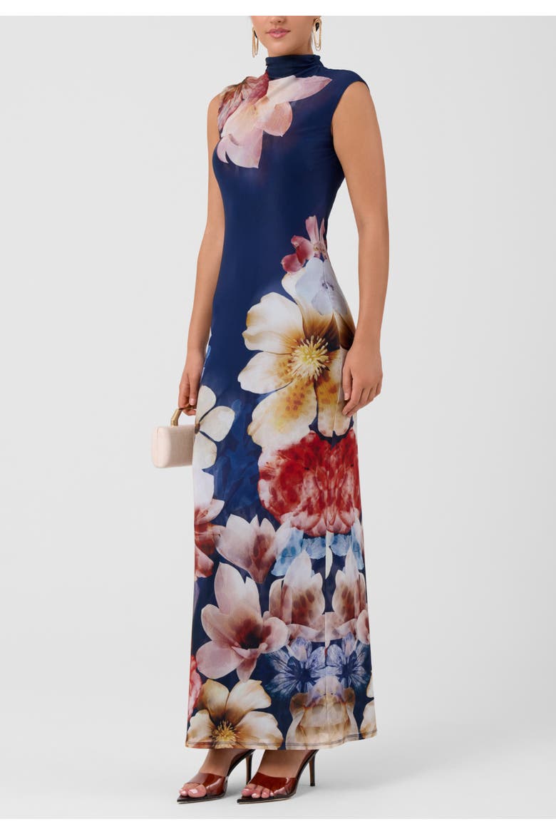 Coco Mock Neck Mesh Midi Dress, Alternate, color, Blue Floral