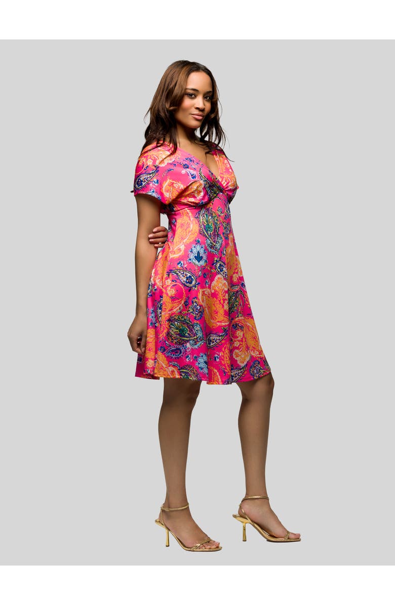 24seven Comfort Apparel Pink Paisley V-Neck Empire Waist Knee Length Dress, Alternate, color, Pink Multi