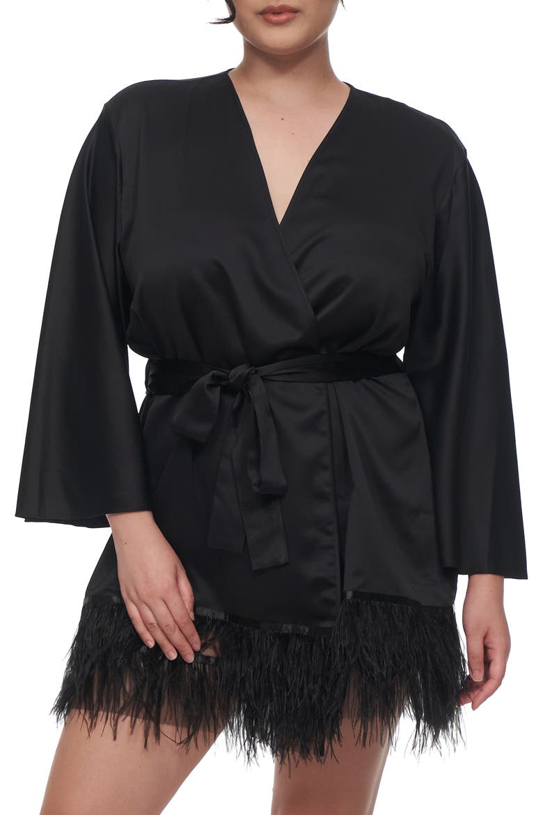 Swan Charmeuse & Ostrich Feather Wrap, Alternate, color, BLACK