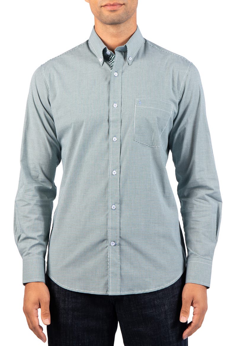 Micro Gingham Stretch Cotton Button-Up Shirt, Main, color, PINE