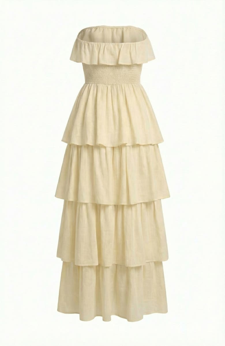 Modenaire Strapless Tiered Ruffle Maxi Dress with High Slit, Alternate, color, Cream