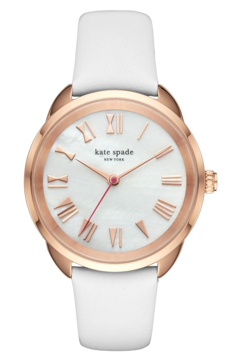 'crosstown' leather strap watch, 34mm, Main, color, WHITE/ ROSE GOLD