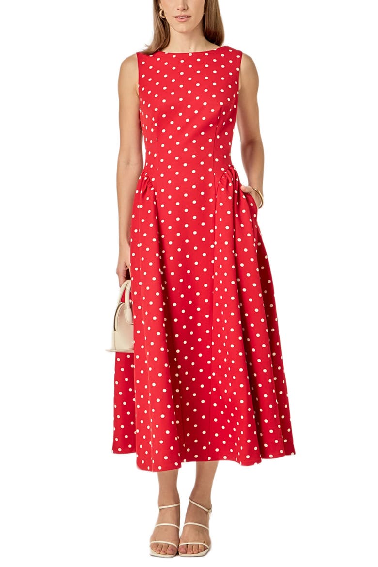 Dot Sleeveless Flare Midi Dress, Alternate, color, RED