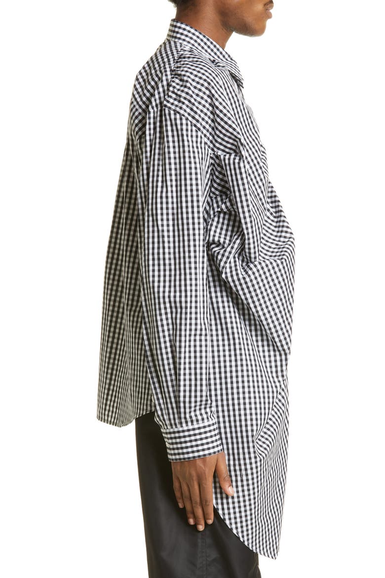 Gingham Asymmetric Gathered Button-Up Shirt, Alternate, color, BLACK / WHITE