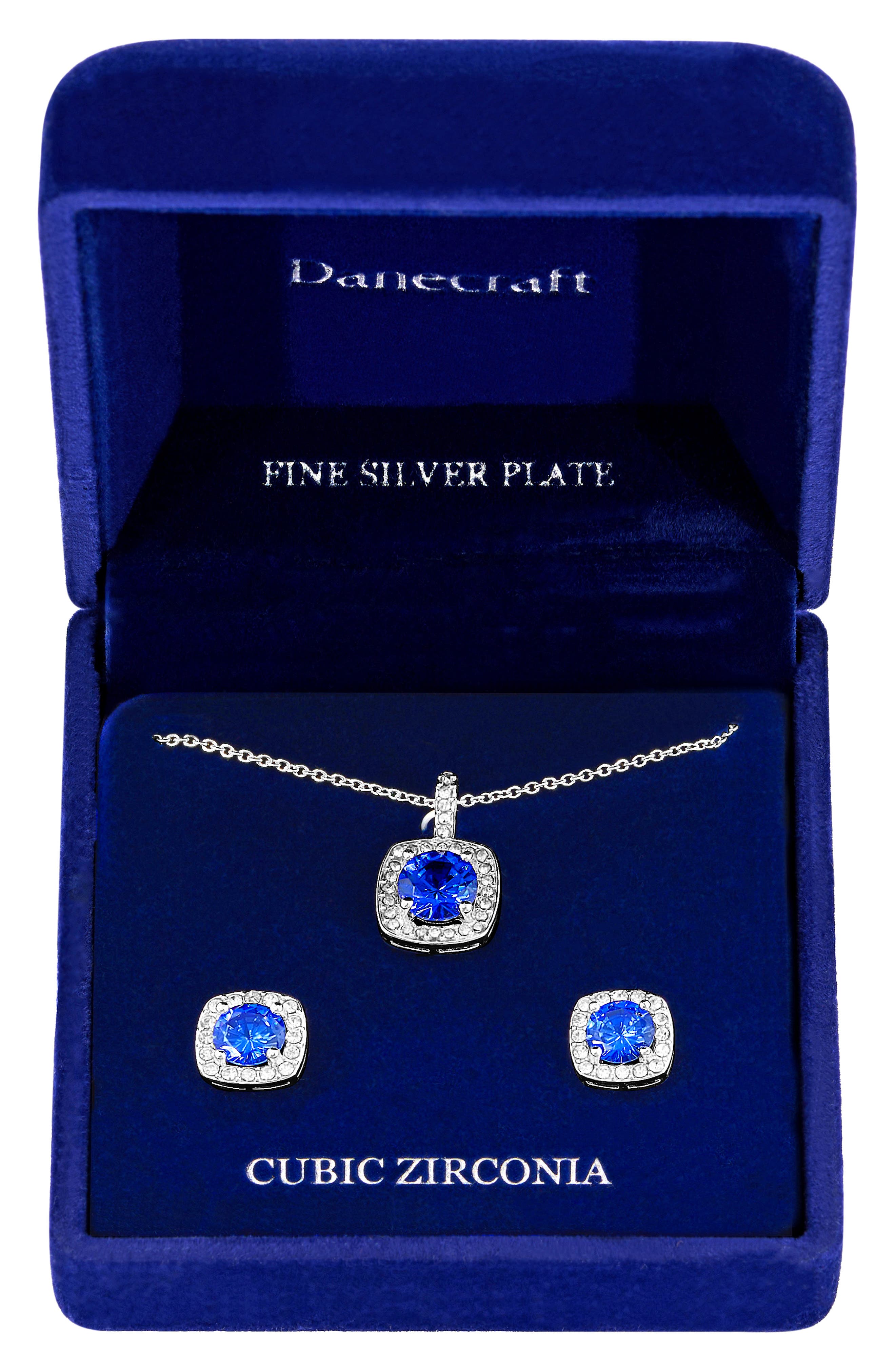 Danecraft CZ Cushoin Cut Pendant Necklace & Earrings Set