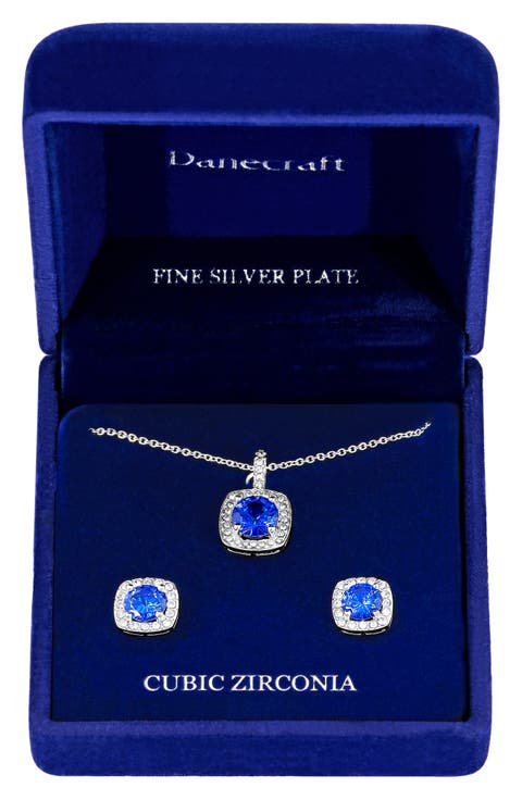 CZ Cushoin Cut Pendant Necklace & Earrings Set