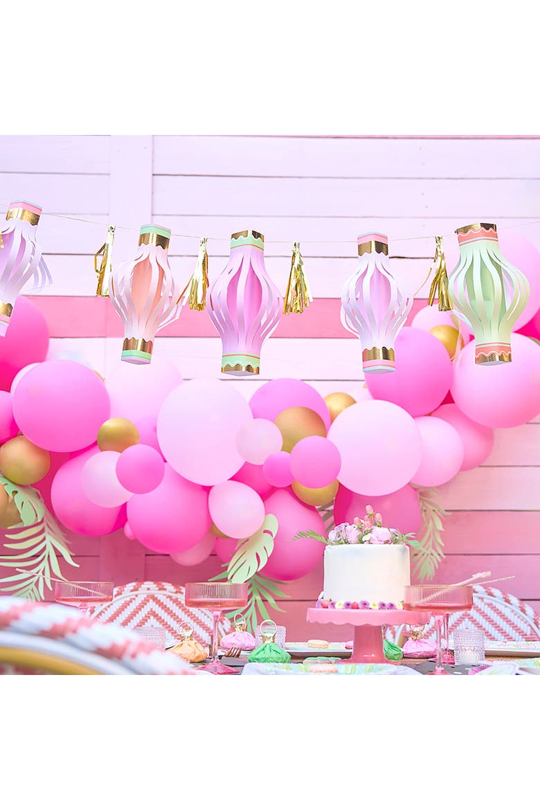 Cabana Club Paper Lantern Garland - 7 Pastel Lanterns with Gold Foil Details, 8 Gold Tassels, and 100-Inch Gold Ribbon, Alternate, color, Multicolor