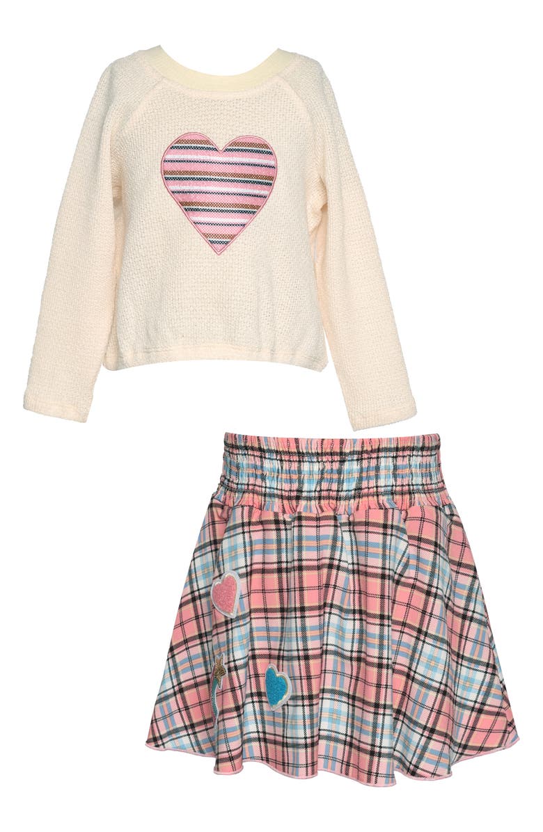 Truly Me Kids' Heart Sweatshirt & Plaid Skirt, Main, color, Natural Multi