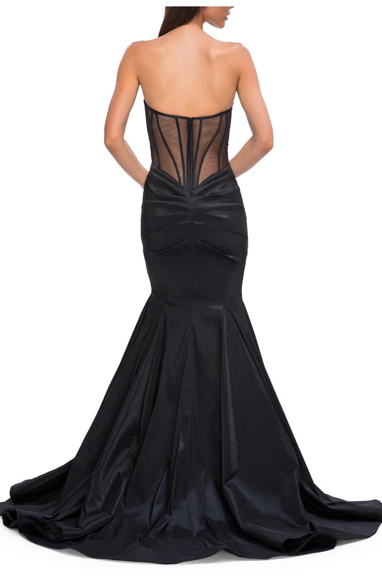 La Femme Mermaid Stretch Mikado Evening Dress with Illusion Back, Alternate, color, Black