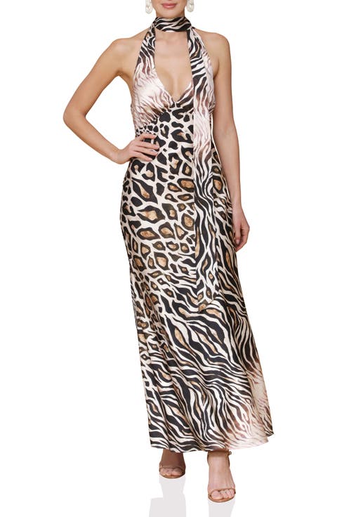 Scarf Tie Neck Animal Print Maxi Dress