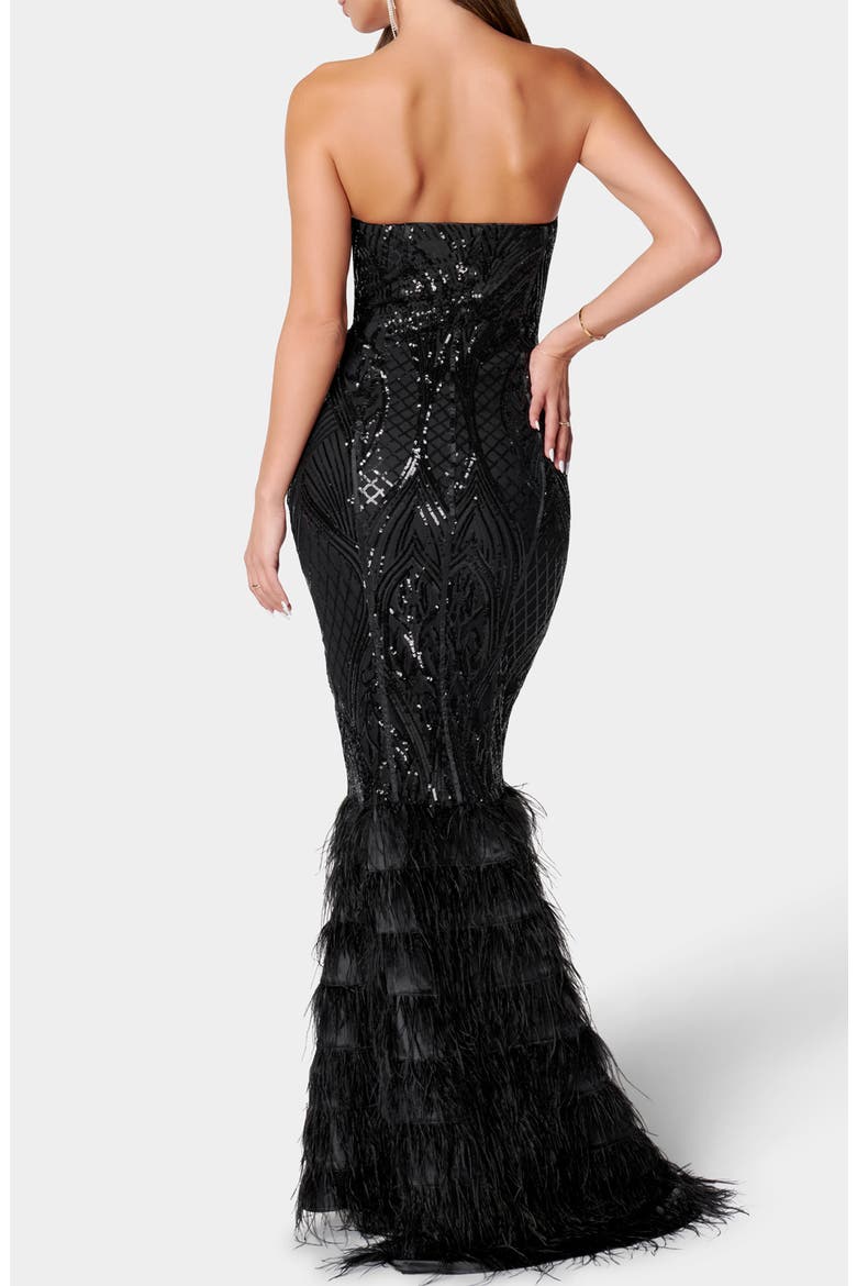Sequin Feather Trim Strapless Gown, Alternate, color, BLACK