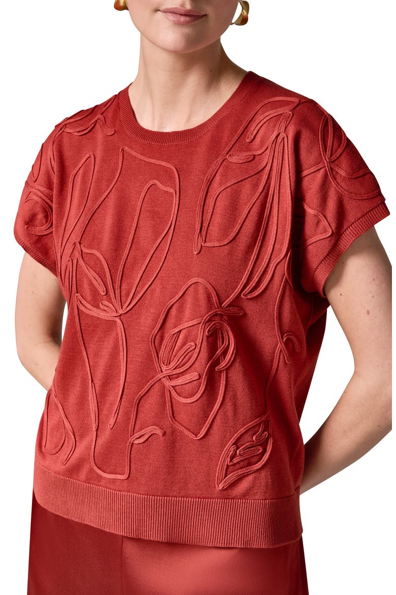 Embroidered Short Sleeve Cotton Sweater, Alternate, color, SUNBAKED