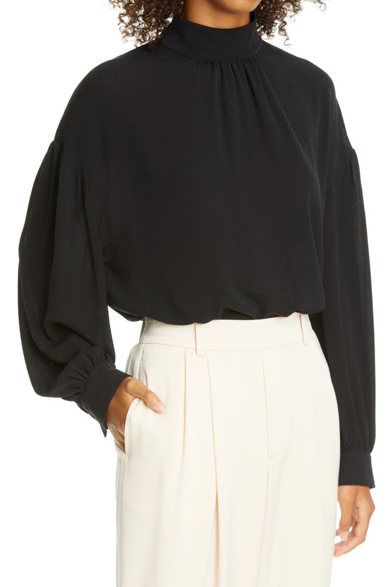 Shirred Mock Neck Silk Top, Main, color, BLACK