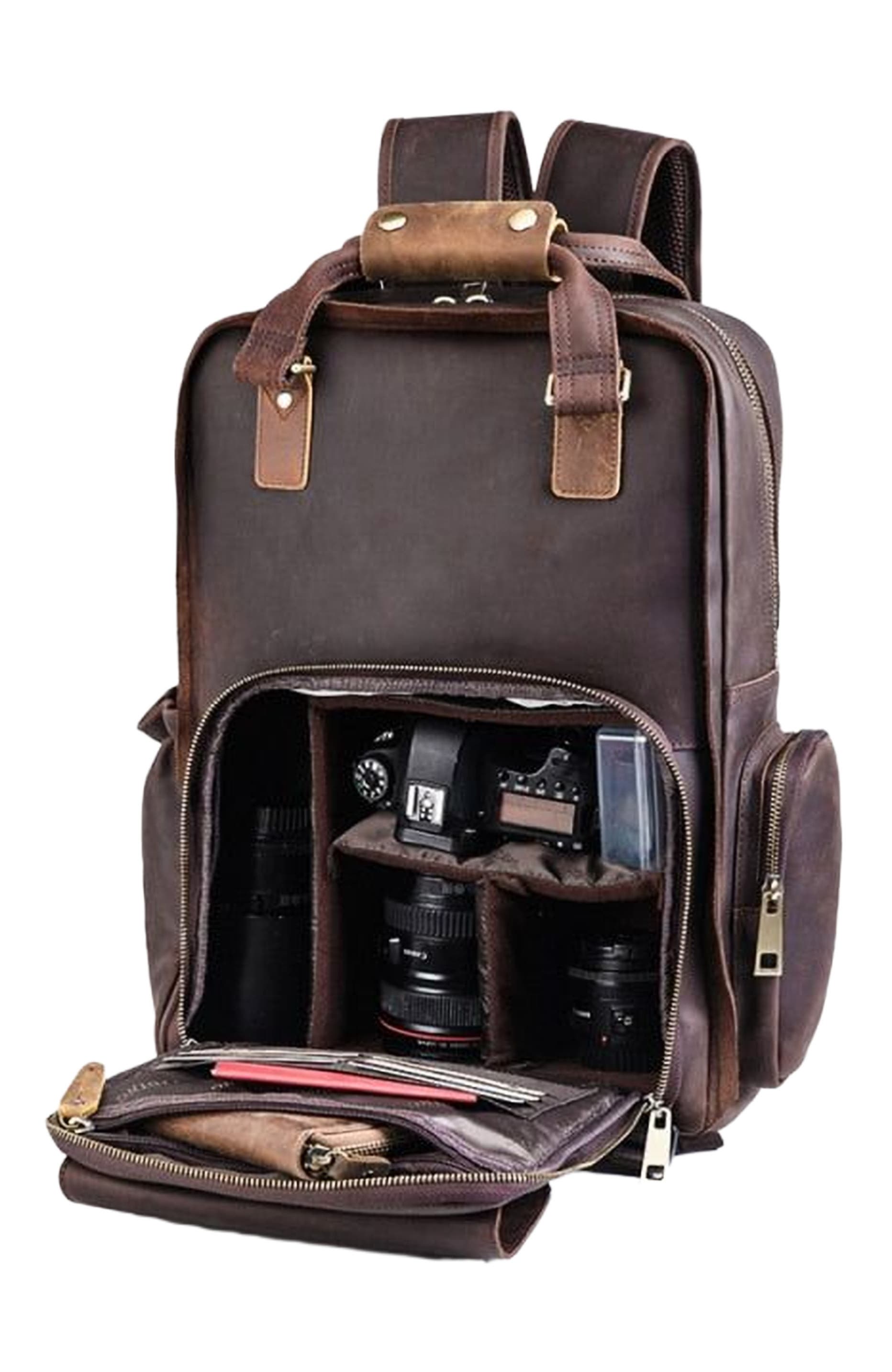 STEEL HORSE LEATHER The Gaetano | Large Leather Backpack Camera Bag with Tripod Holder, Alternate, color, Dark Brown