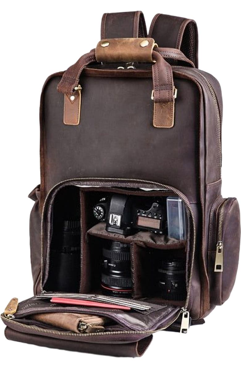 STEEL HORSE LEATHER The Gaetano | Large Leather Backpack Camera Bag with Tripod Holder, Alternate, color, Dark Brown