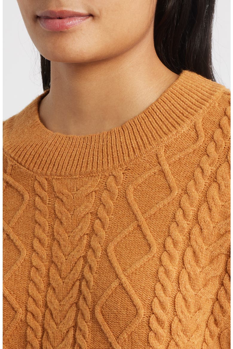Three-Quarter Sleeve Cable Knit Sweater, Alternate, color, COGNAC