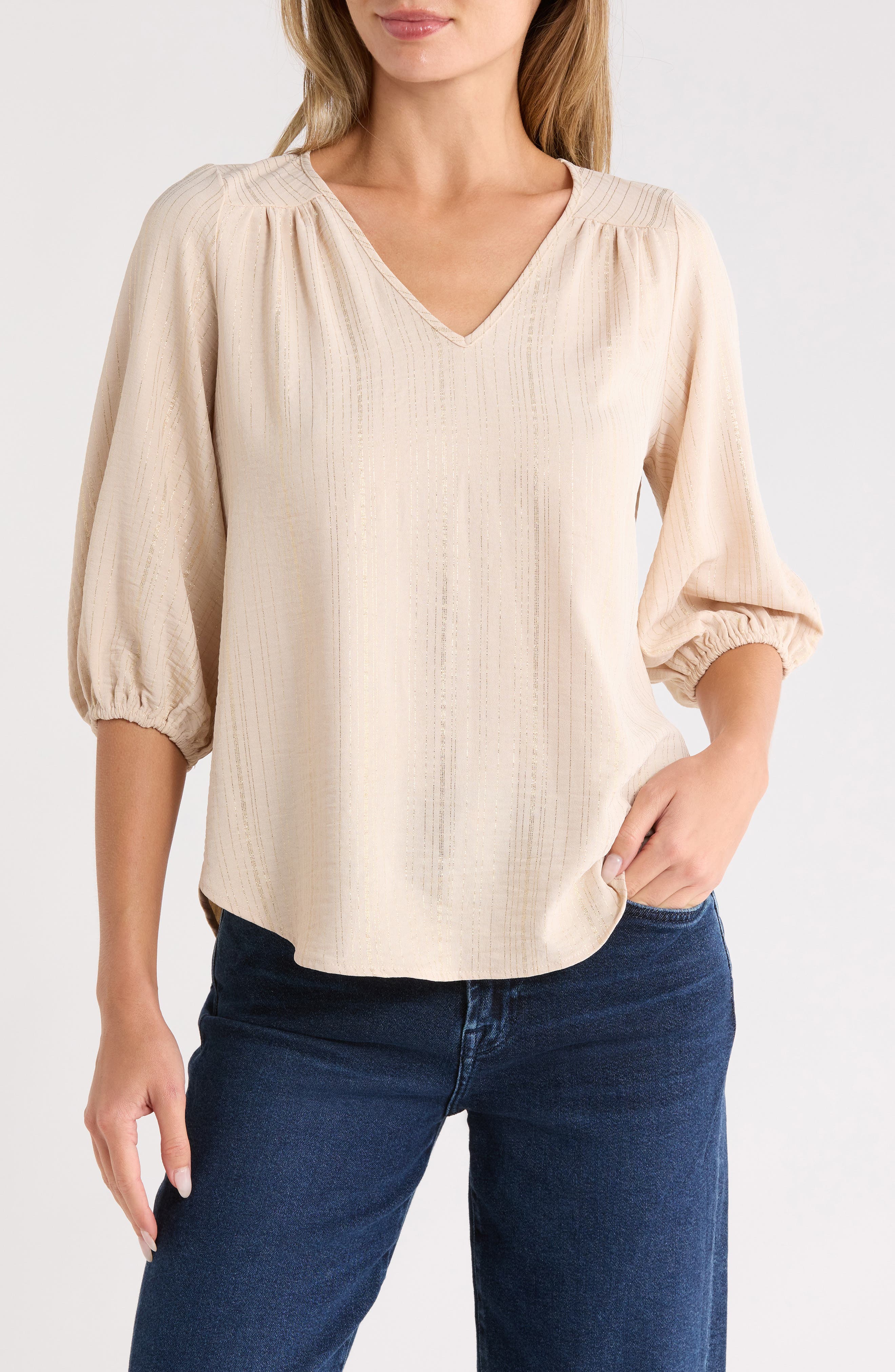 Renee C Metallic Stripe Puff Sleeve Top