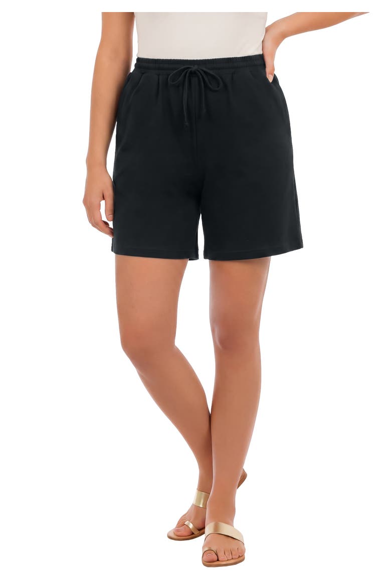 Plus Size French Terry Pull On Drawstring Shorts, Main, color, BLACK